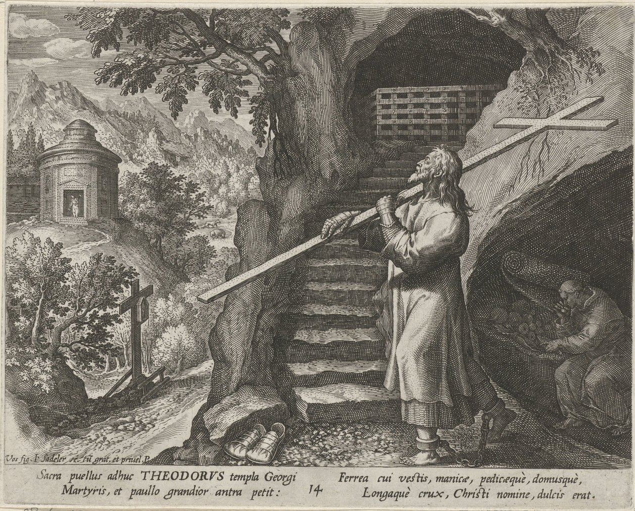 San Teodoro Tiro como ermitaño La vida virtuosa de los ermitaños (título de la serie) Trophaeum vitae solitariae (título de la serie) de Johann Sadeler (I)