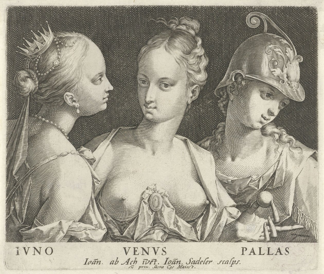 Juno, Venus en Minerva Ivno Venvs Pallas (título sobre objeto) de Johann Sadeler (I)