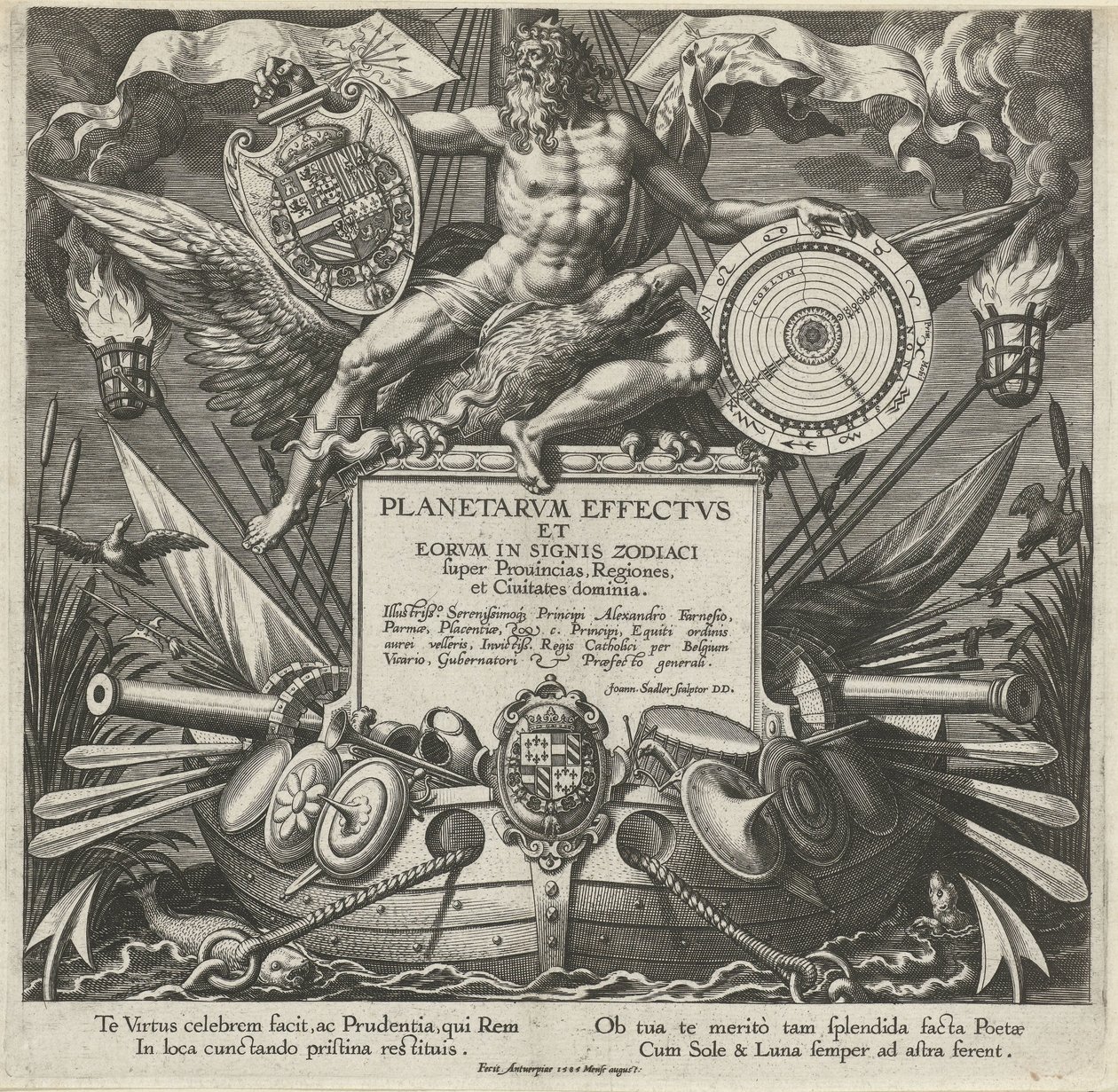 Júpiter en un oorlogsschip met het wapen van Alessandro Farnese Titelprent van een prentserie over de influence van de planeten over streken Efectos de los planetas y sus signos en el zodíaco (título de la serie) Planetarvm effectvs y eorvm en los signos d de Johann Sadeler (I)
