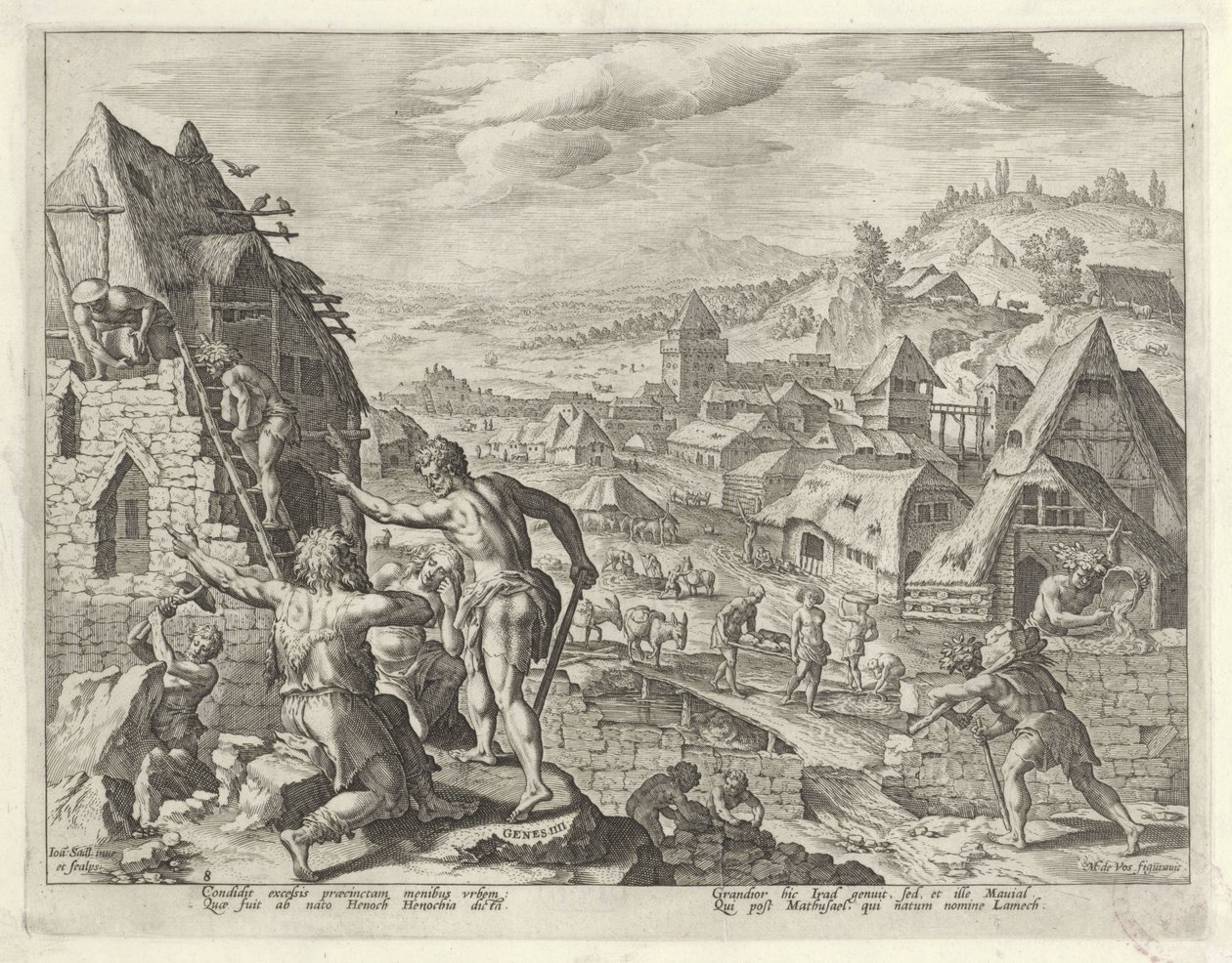 Caín construye la ciudad de Enoc Historia de la familia de Caín / Sobre las buenas y malas obras (título de la serie) Boni et mali scientia (título de la serie) de Johann Sadeler (I)