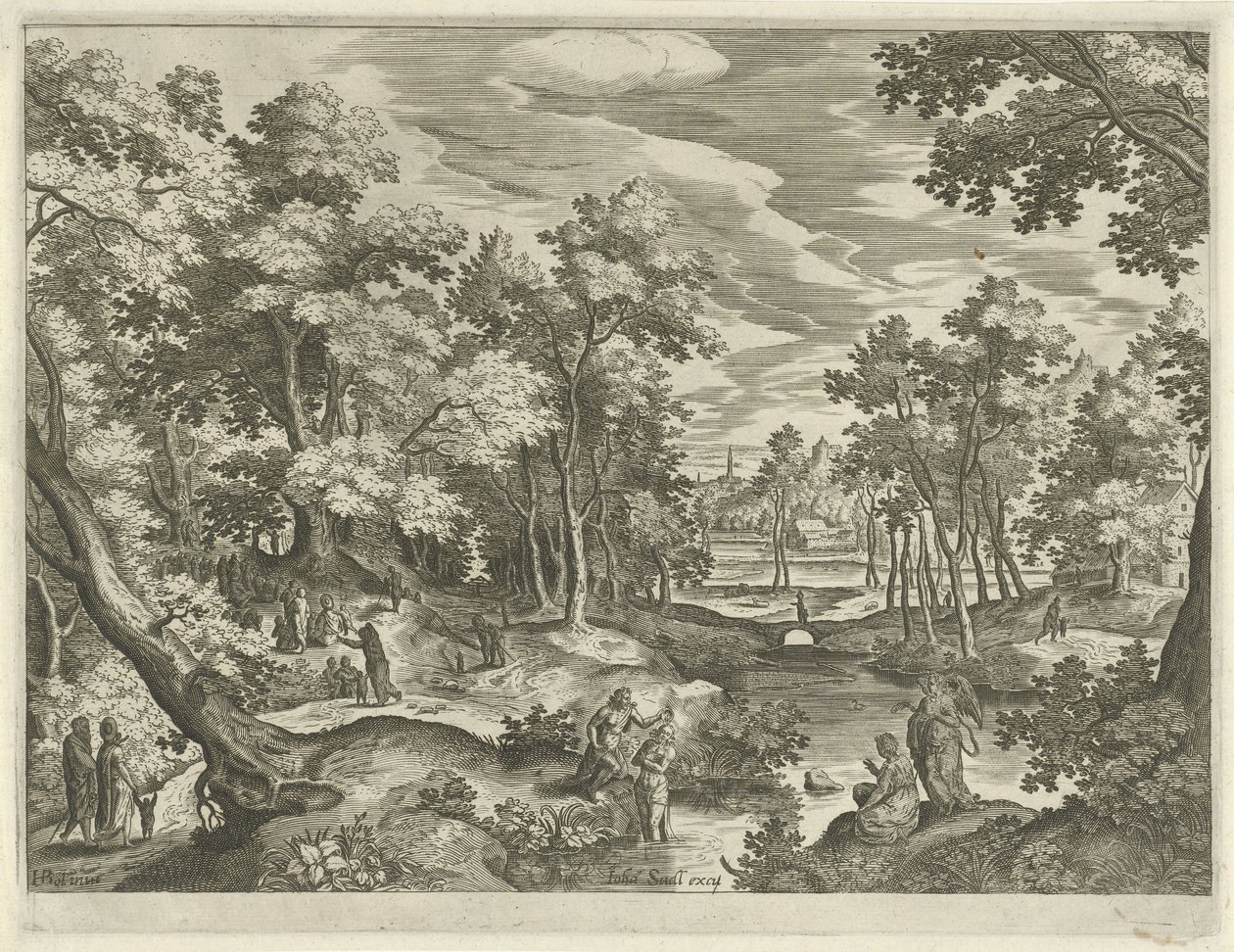 Paisaje con el Bautismo de Cristo Paisajes con escenas del Antiguo y Nuevo Testamento (título de serie) de Johann Sadeler (I)