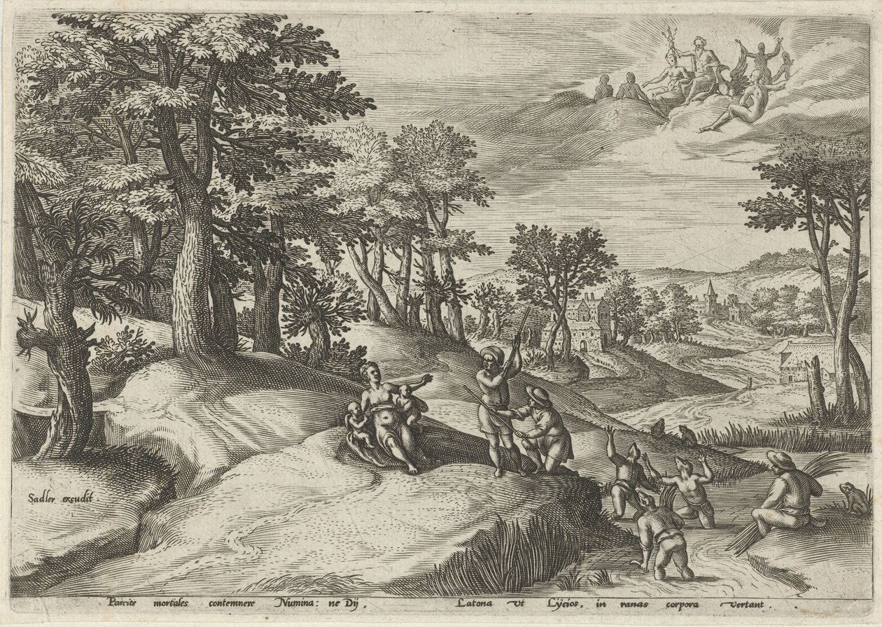 Leto (Latona) convierte a los licios en ranas Paisajes con escenas mitológicas (título de serie) de Johann Sadeler (I)