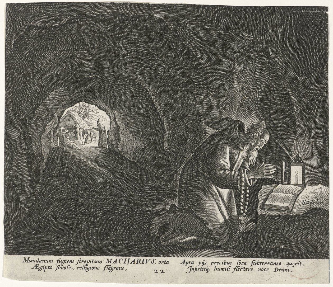 Macario de Egipto como ermitaño Ermitaños masculinos (título de la serie) Solitudo Sive Vitae Patrum Eremicolarum (título de la serie) de Johann Sadeler (I)