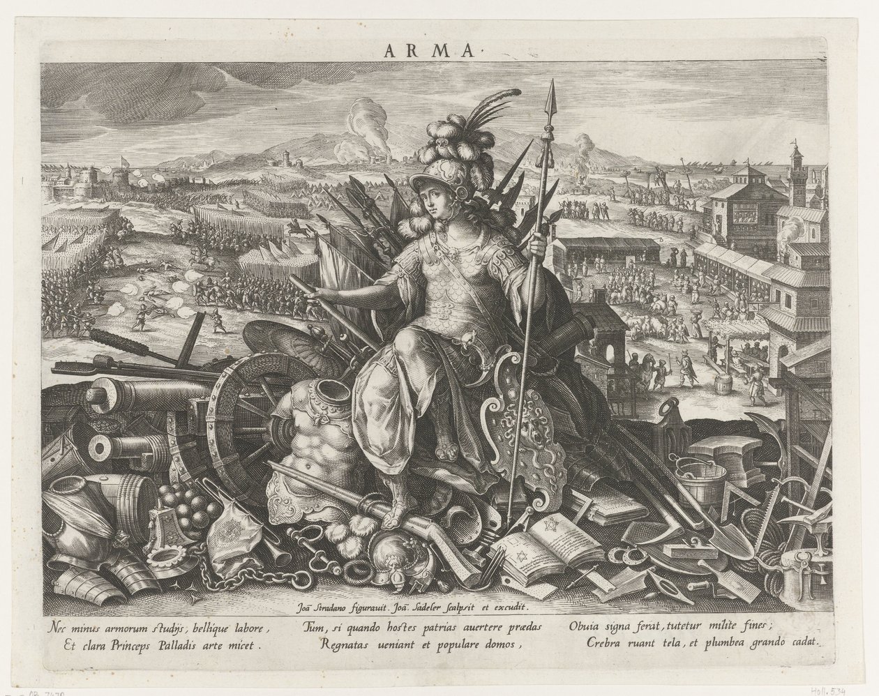 Minerva como patrona del arte marcial Arma (título sobre objeto) Principales actividades de un príncipe (título de la serie) Schema, seu speculum principum (título de la serie) de Johann Sadeler (I)