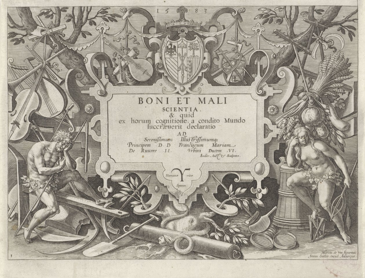 Marco ornamental con Adán y Eva Historia de la familia de Caín / Sobre las buenas y malas obras (título de la serie) Boni et mali scientia (título de la serie sobre el objeto) de Johann Sadeler (I)