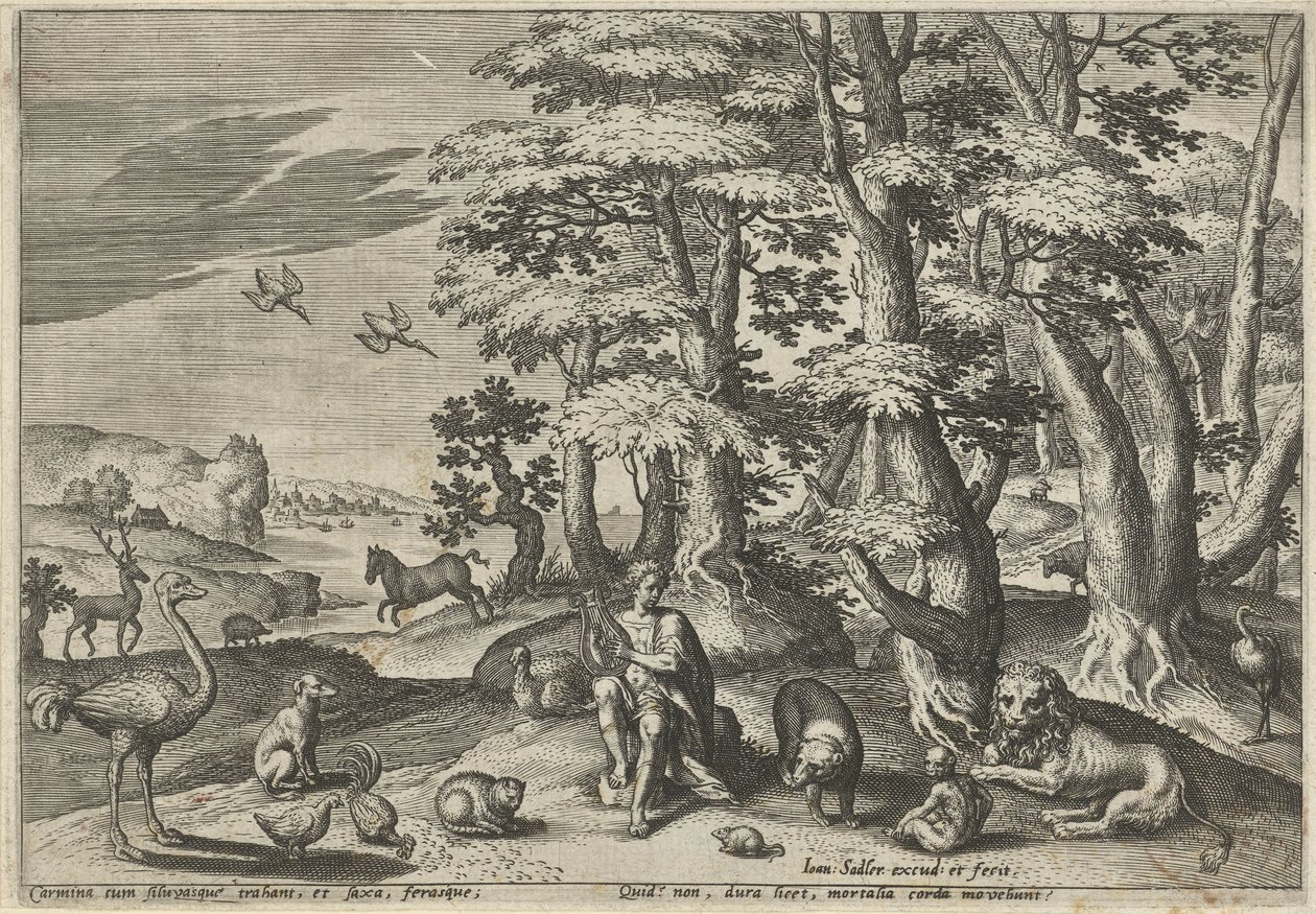 Orfeo, haciendo música para los animales Paisajes con escenas mitológicas (título de serie) de Johann Sadeler (I)