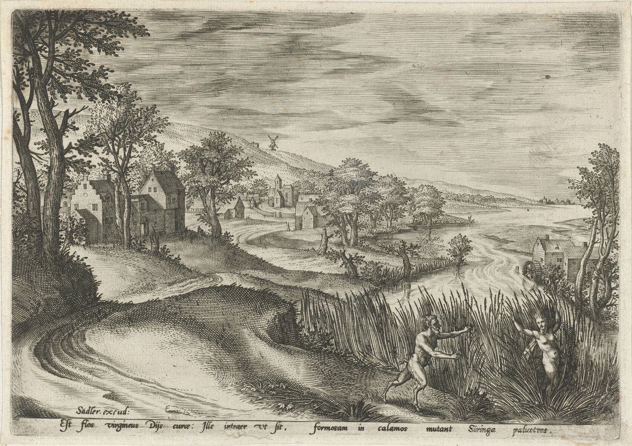 Pan persigue a la ninfa Syrinx Paisajes con escenas mitológicas (título de serie) de Johann Sadeler (I)