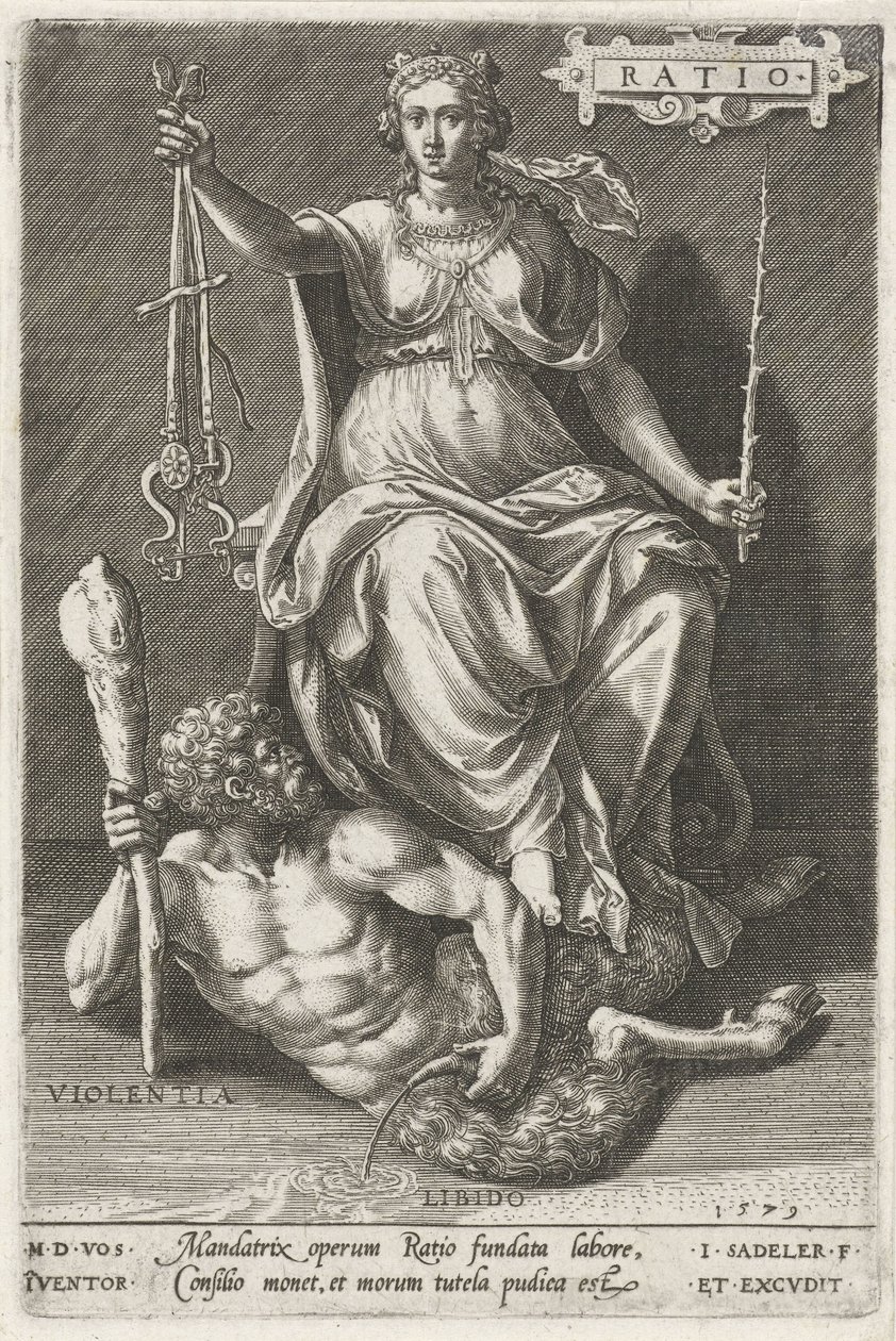 Razón (Ratio) vence a Violentia (Violentia) Ratio (título sobre objeto) Las virtudes conquistan los vicios (título de la serie) de Johann Sadeler (I)