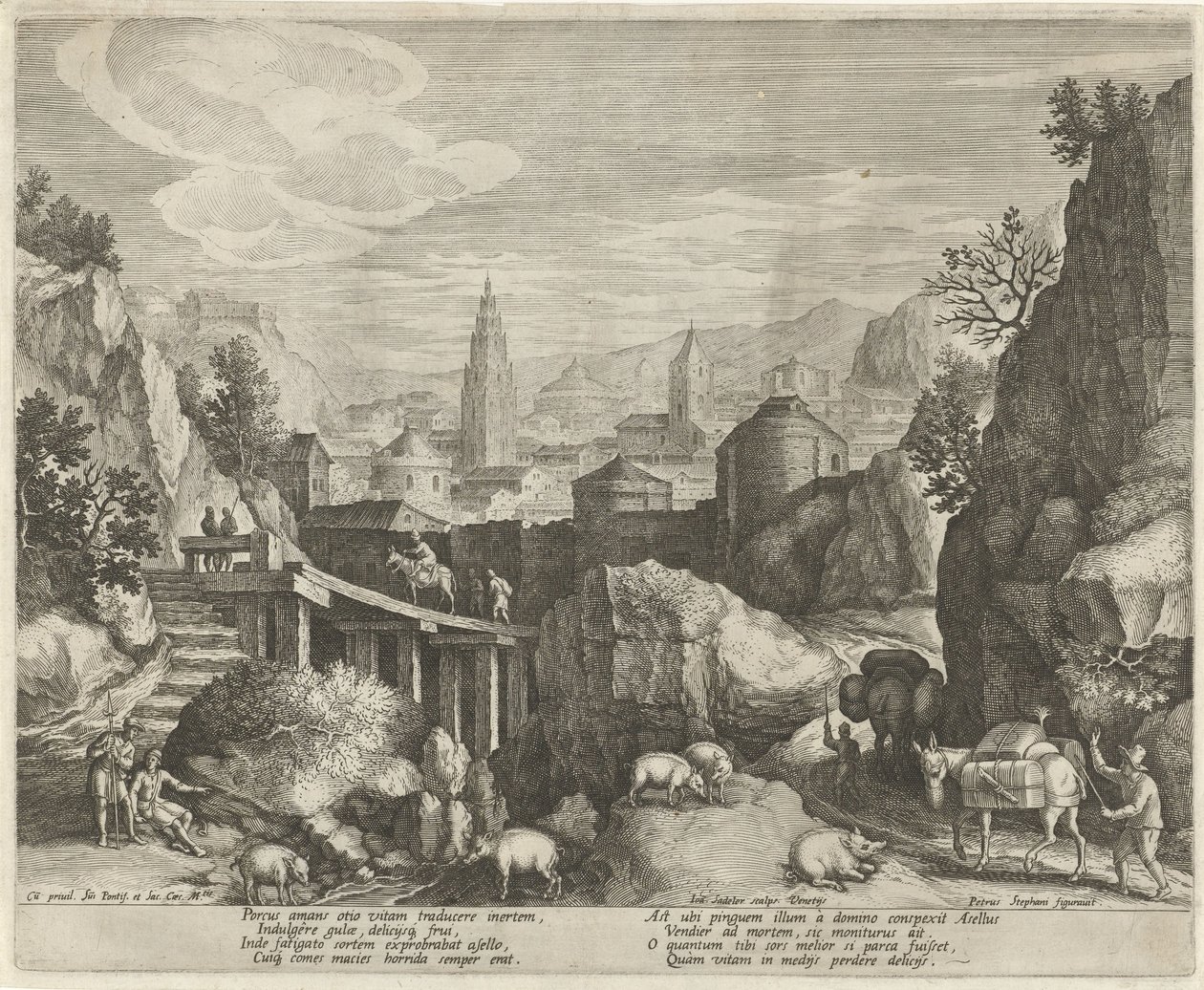 Paisaje rocoso con la fábula del burro y el jabalí Emblemas en un paisaje (título de la serie) de Johann Sadeler (I)
