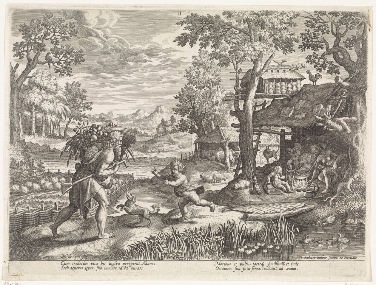 Set saluda a Adam a su regreso del campo. Historia de la familia de Set / Juzgando lo bueno y lo malo (título de la serie) Bonorum et Malorum consensio (título de la serie) de Johann Sadeler (I)