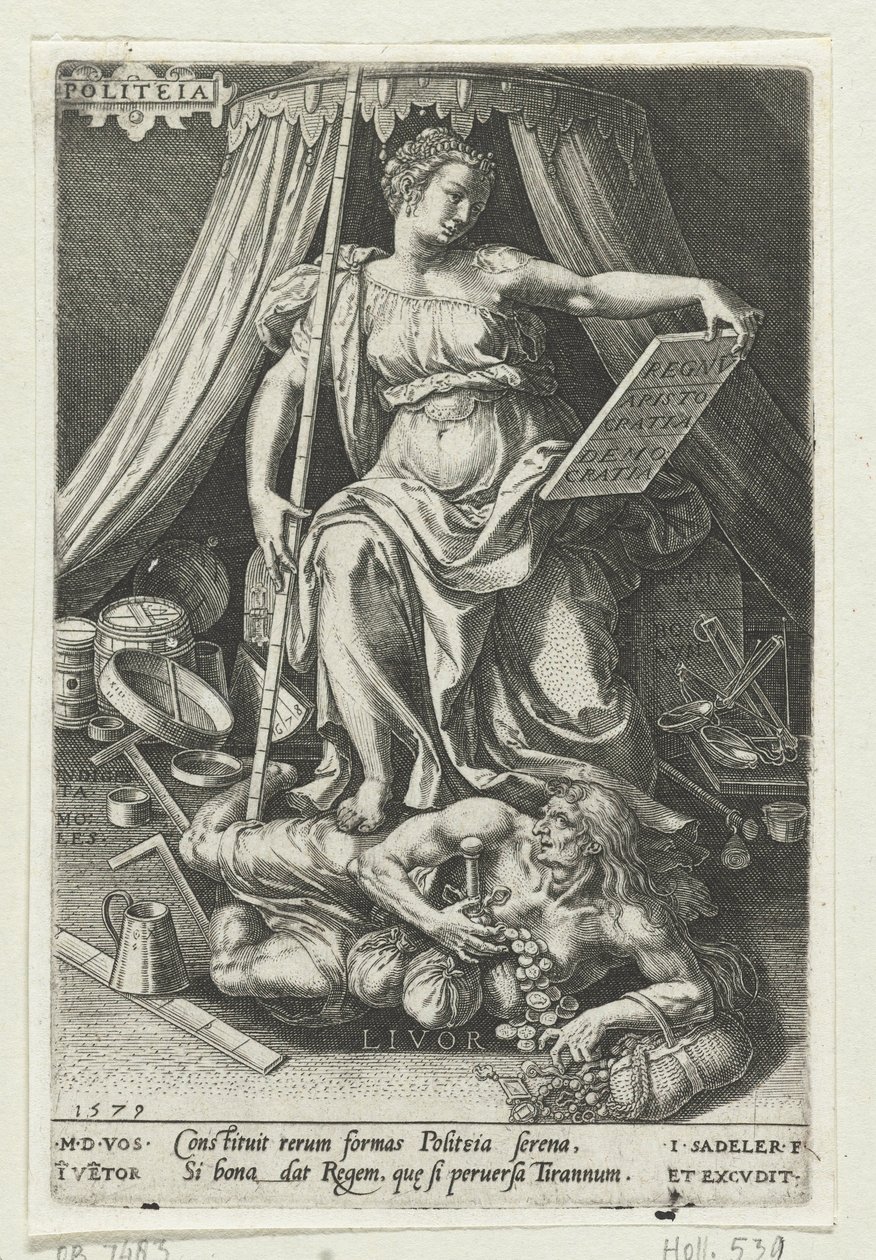 El arte estatal (Politeia) vence a la Envidia (Livor) Politeia (título sobre objeto) Las virtudes conquistan los vicios (título de la serie) de Johann Sadeler (I)