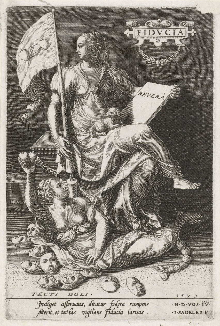La confianza (Fiducia) vence al engaño secreto (Tecti doli) Fidvcia (título sobre objeto) Las virtudes conquistan los vicios (título de la serie) de Johann Sadeler (I)