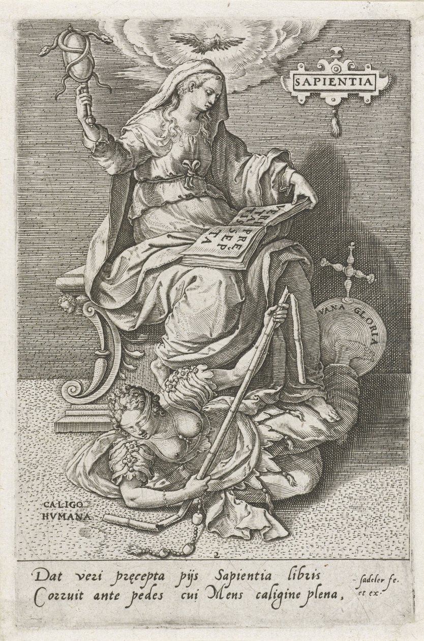 La Sabiduría (Sapientia) Supera el Desconcierto Humano (Caligo Humana) sapientia (título sobre objeto) Las virtudes conquistan los vicios (título de la serie) de Johann Sadeler (I)
