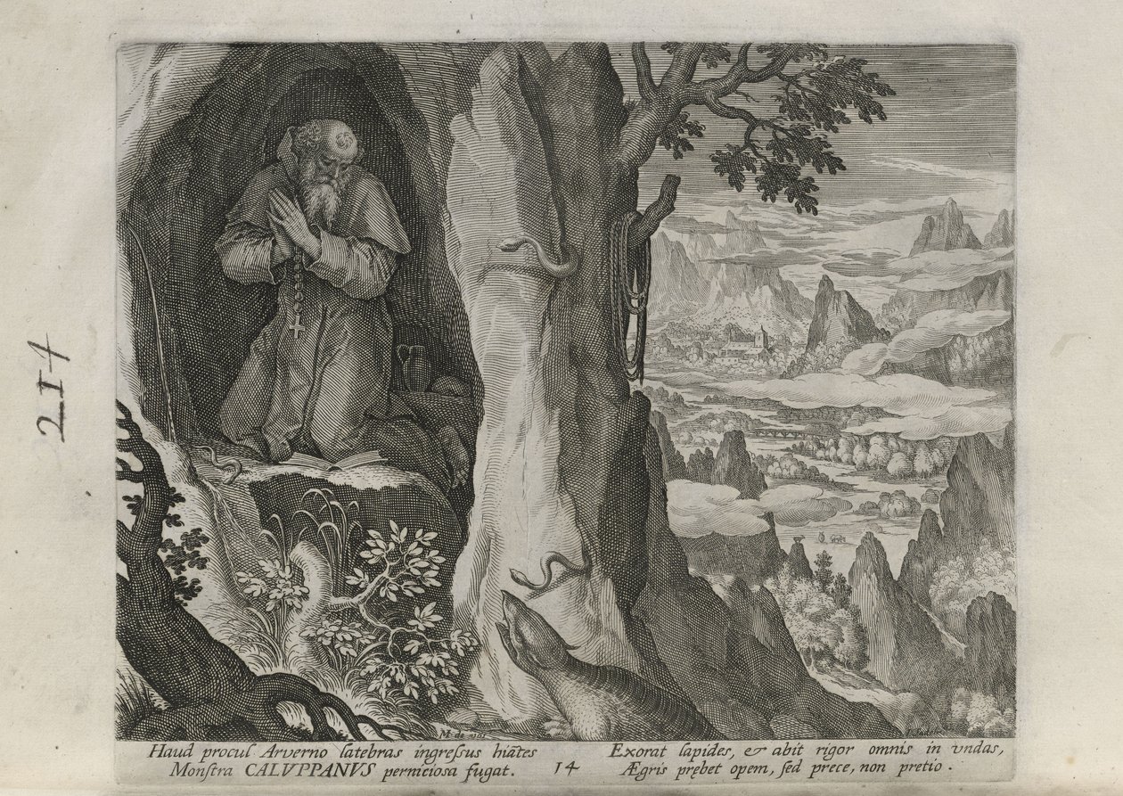 Caluppanus, lámina 14 de 30 de la serie «Sylvae Sacrae» (Ermitaños en paisajes) de Johann Sadeler I