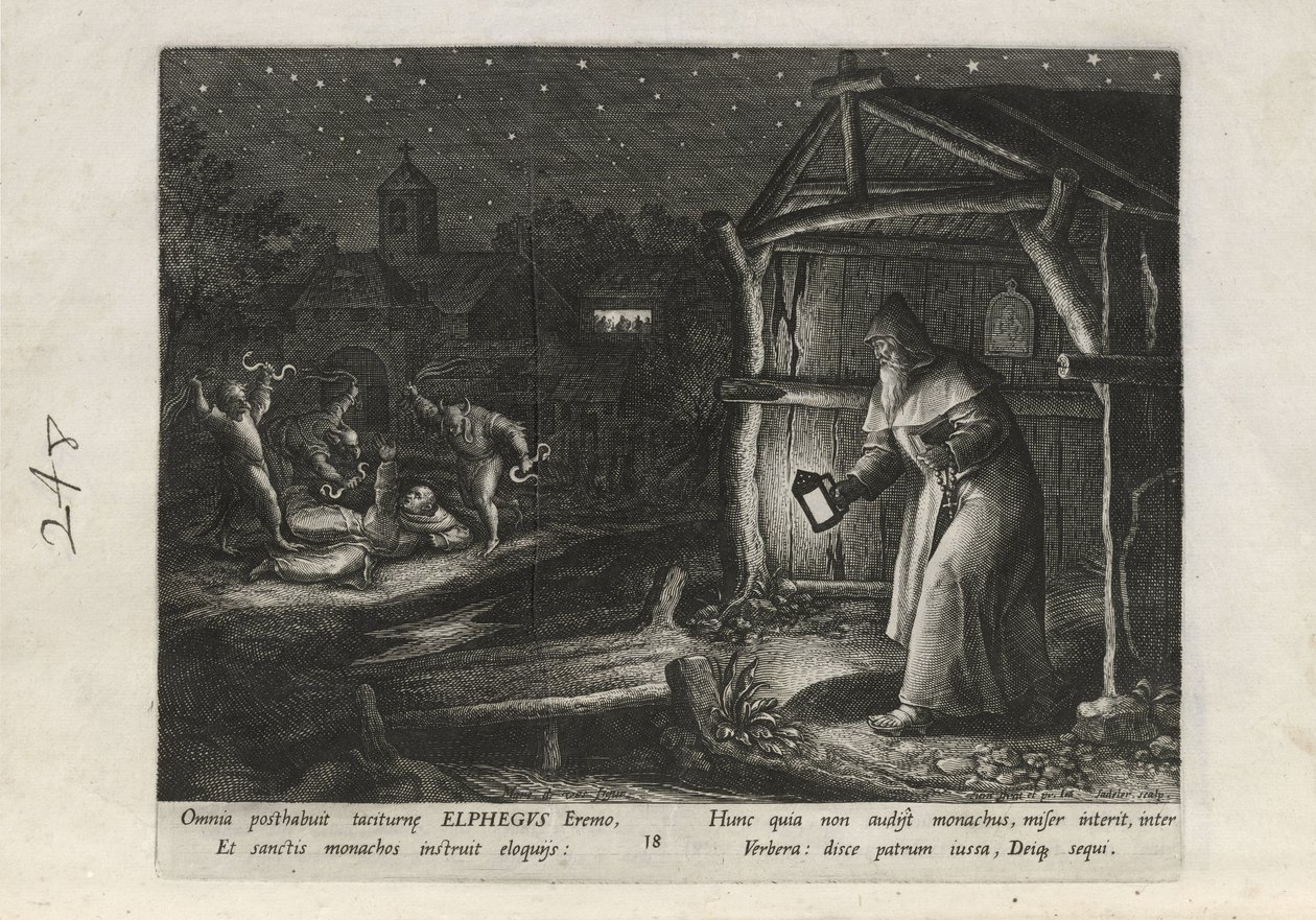 Elphegus, lámina 18 de 25 de la serie Trophaeum Vitae Solitariae (ermitaños varones) de Johann Sadeler I