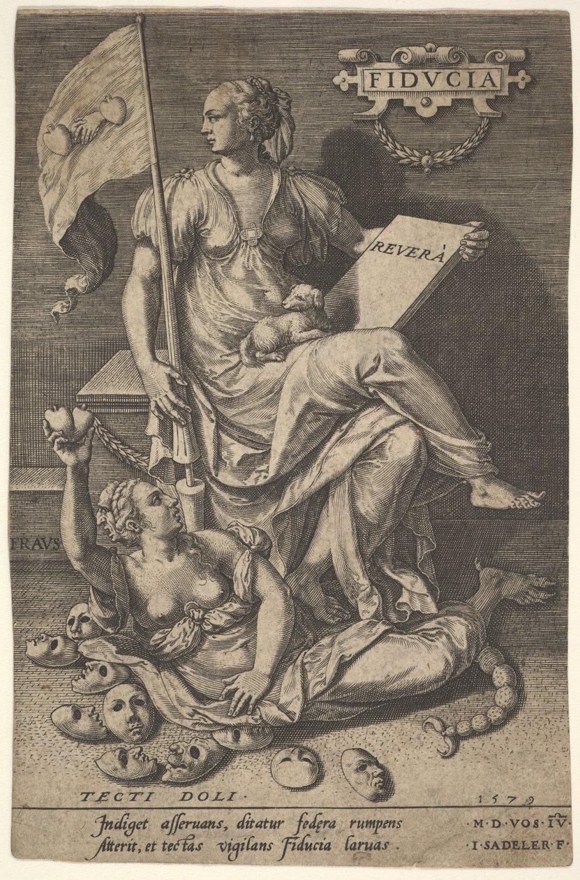 Fiducia, una mujer sentada sostiene un libro y una bandera mientras gira la cabeza alejándose de un desnudo, 1579 de Johann Sadeler I