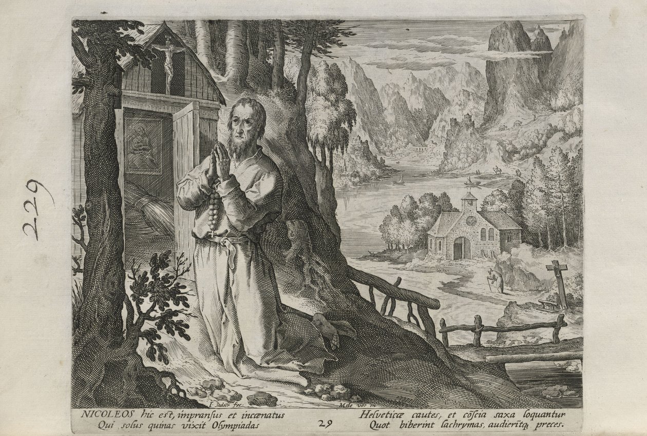Nicoleos, lámina 29 de 30 de la serie Sylvae Sacrae (Ermitaños en paisajes) de Johann Sadeler I