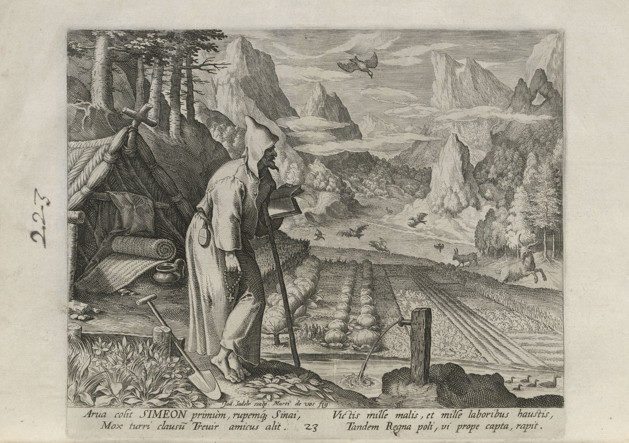 Simeón, lámina 23 de 30 de la serie Sylvae Sacrae (Ermitaños en paisajes) de Johann Sadeler I
