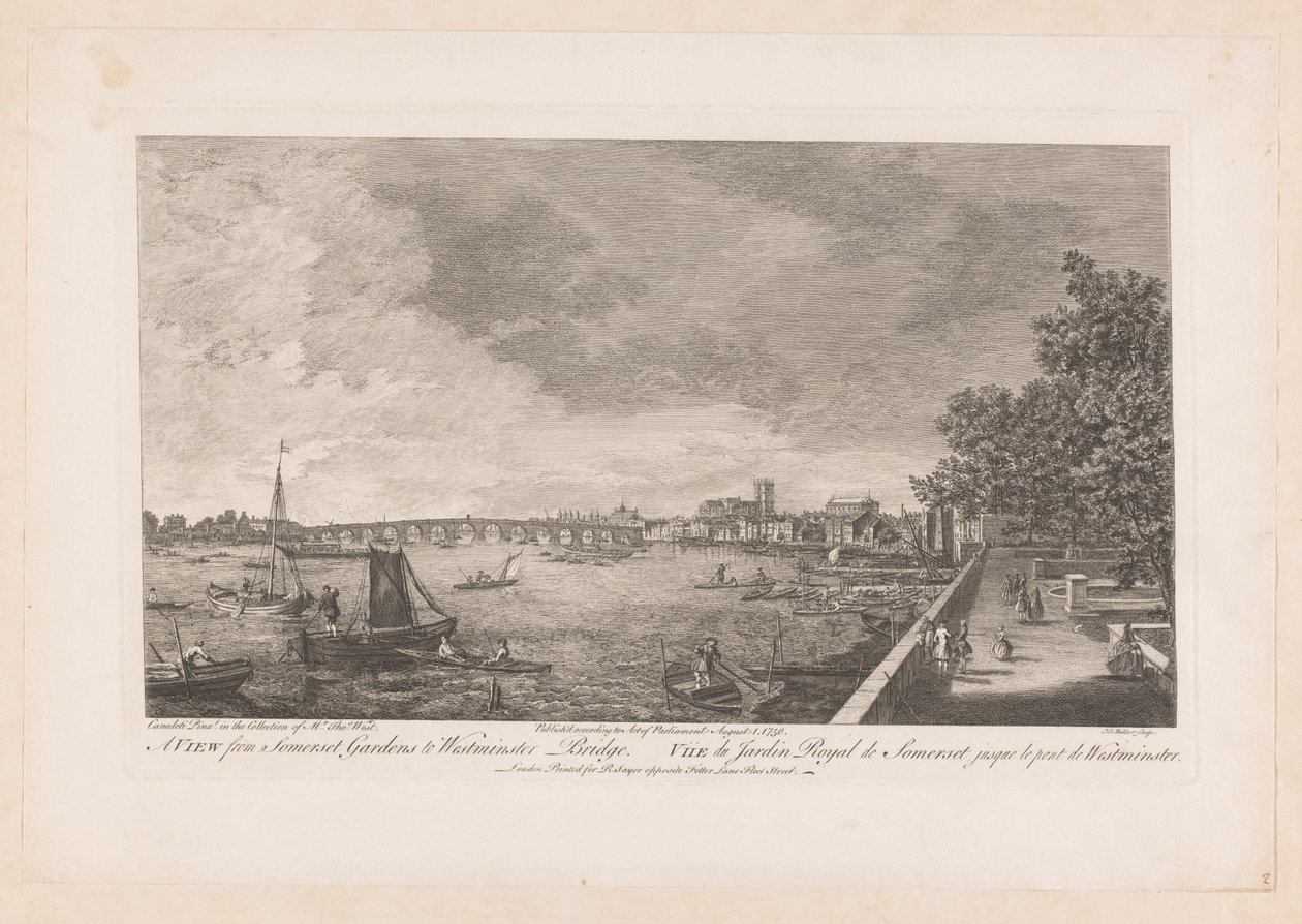 Vista de los jardines de Somerset en el puente de Westminster en Londres de Johann Sebastian Muller