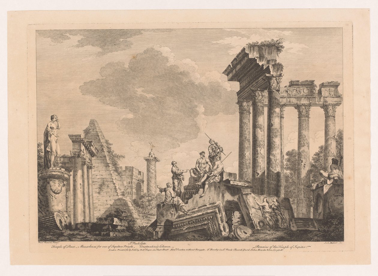 Cinco hombres razonadores en ruinas antiguas de Johann Sebastian Muller
