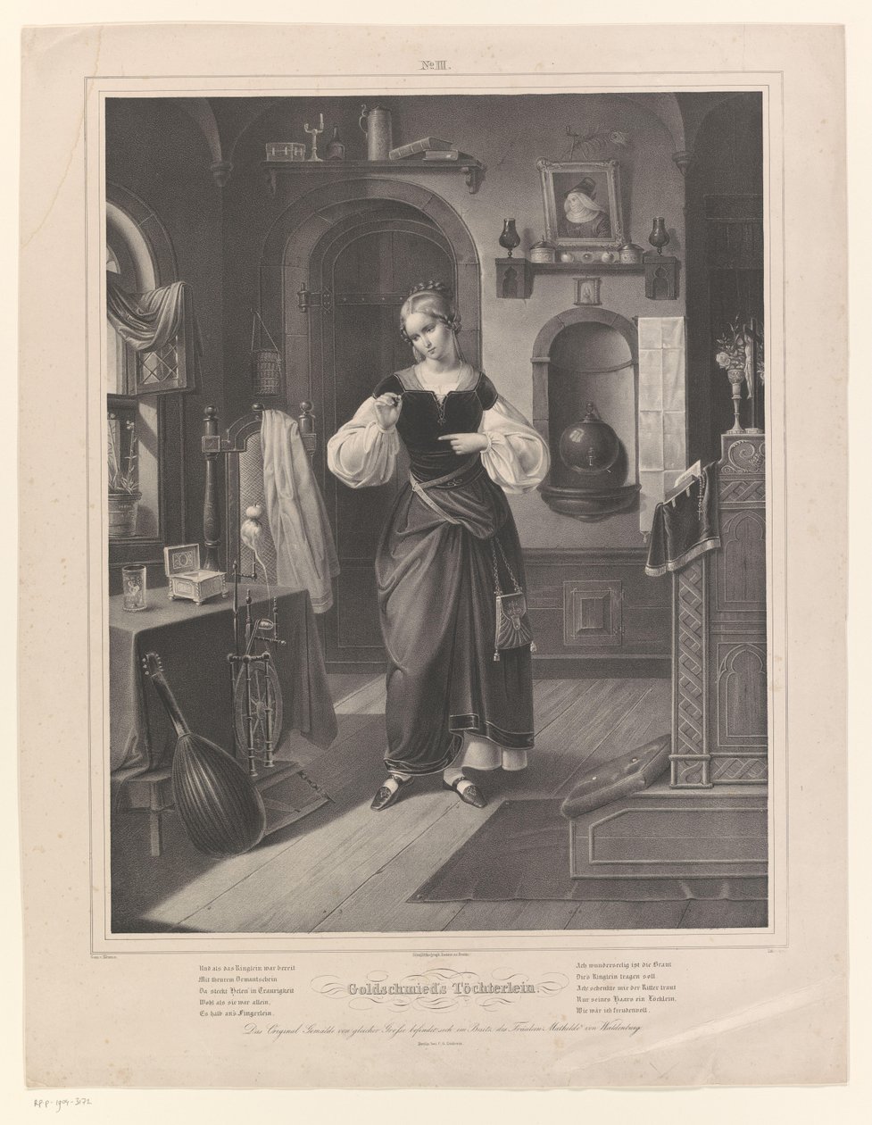 Interior con mujer con anillo en la mano. Töchterlein de Goldschmied (título sobre objeto) La hija del orfebre (título de la serie) de Johann Sprick