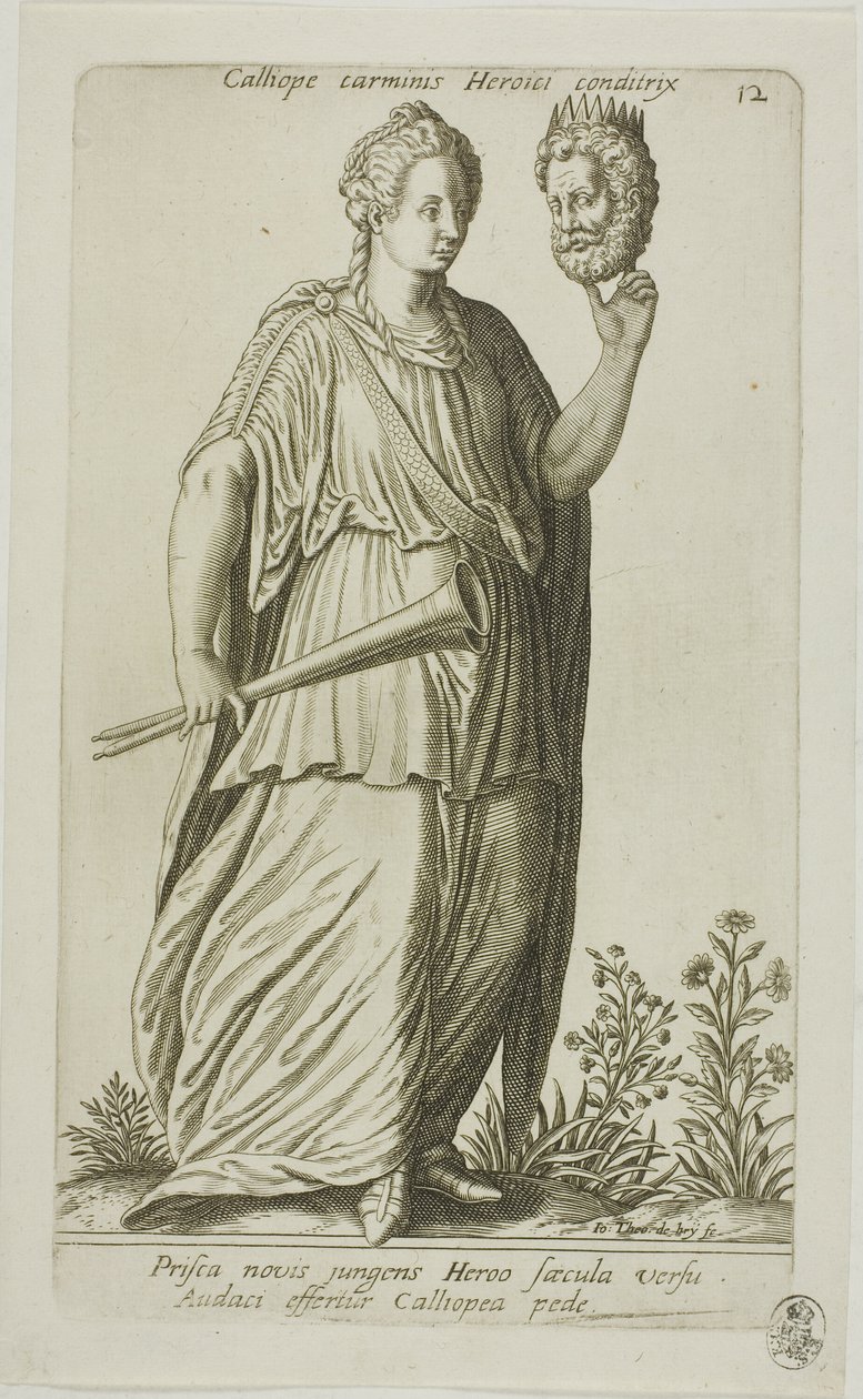 Calíope, musa de la poesía épica, lámina 12 de Parnassus Biceps de Johann Theodor de Bry