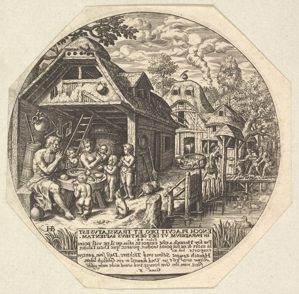 Enoc y su familia alrededor de una mesa de comida y sosteniendo sus manos en un gesto, ca. 1580-1623 de Johann Theodor de Bry