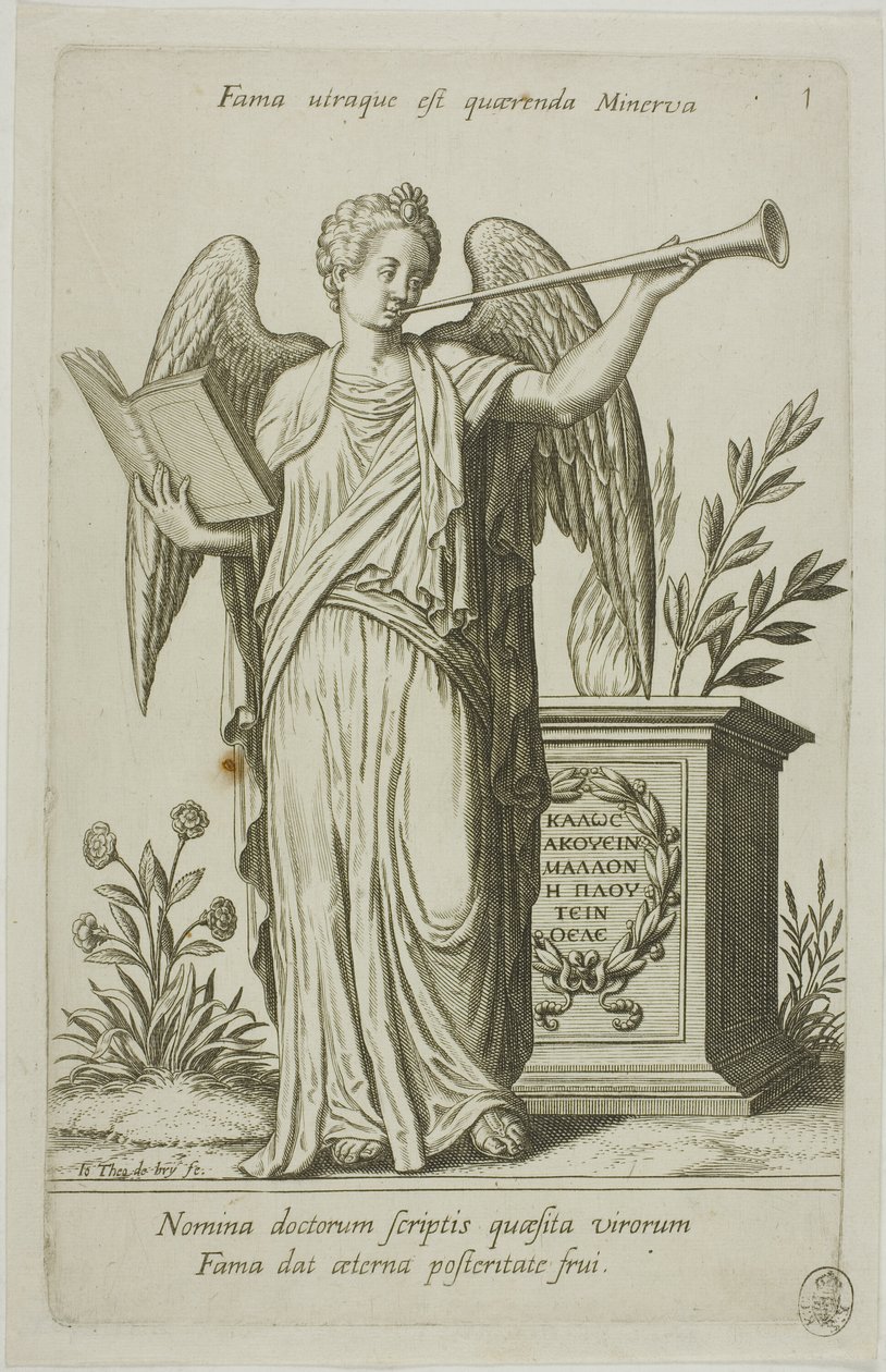 Fama, placa 1 de Parnassus Biceps de Johann Theodor de Bry