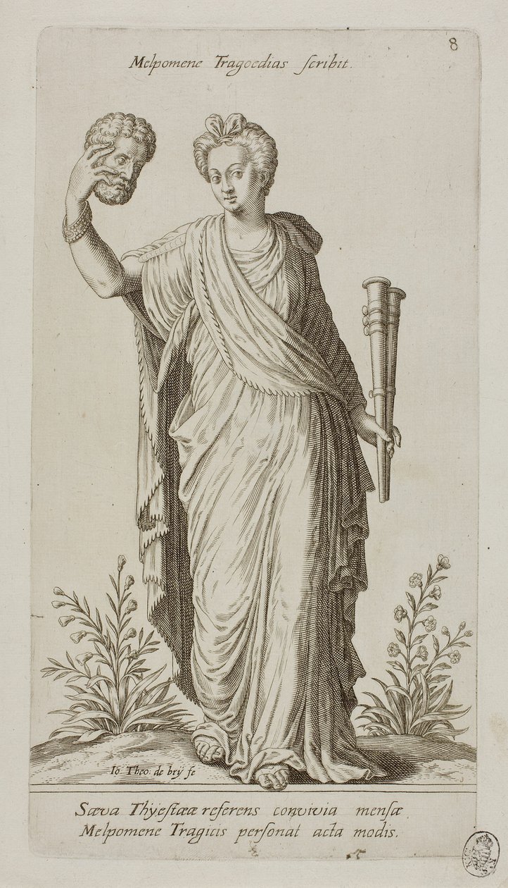 Melpómene, Musa de la Tragedia, lámina 8 del Bíceps del Parnaso de Johann Theodor de Bry