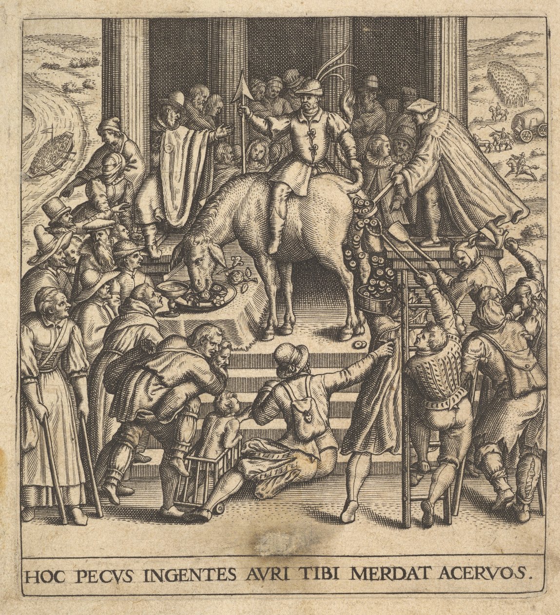 Hombres recogiendo estiércol caído de las ancas de una mula, con un jinete sentado, 1592-1614 de Johann Theodor de Bry