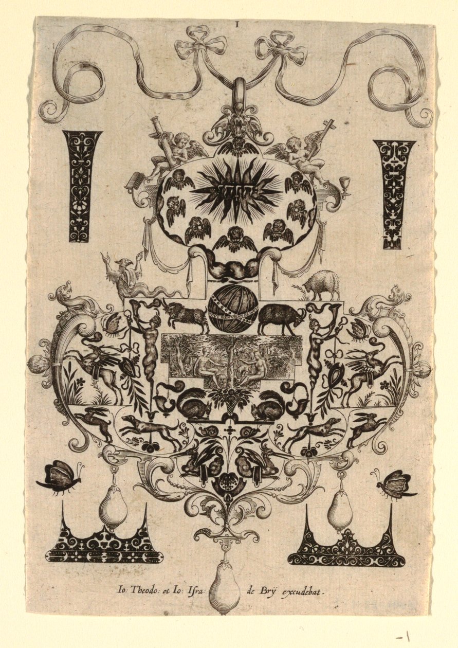 Diseño de Colgante con la Tentación, Placa 1, de una serie de ocho diseños de colgantes con las virtudes cardinales de Johann Theodor de Bry