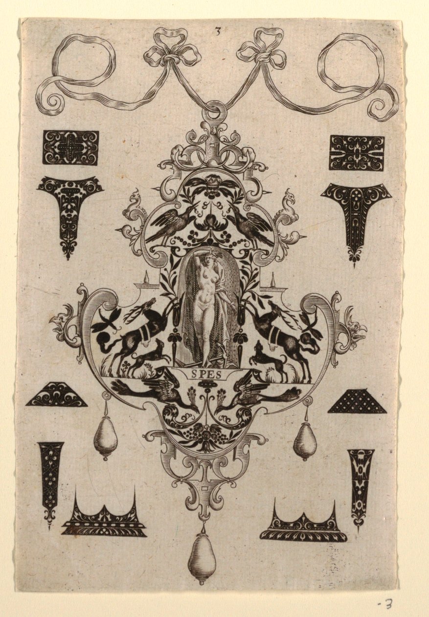 Diseño de colgante con la virtud de la esperanza, Placa 3, de una serie de ocho diseños de colgantes con las virtudes cardinales de Johann Theodor de Bry