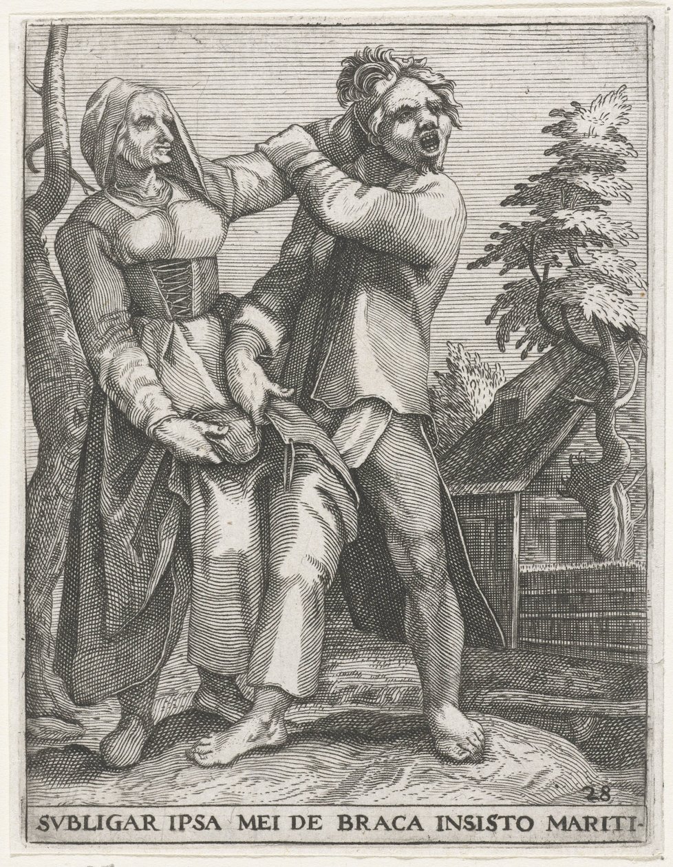 Strijd om de broek ME ATARE A LOS PANTALONES INSISTENTES DE MI MARIDO (título sobre el objeto) Emblemas seculares, 1596 (título de la serie) de Johann Theodor de Bry