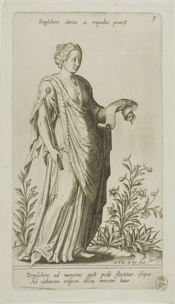 Terpsícore, Musa de la Danza, placa 9 de Parnassus Biceps de Johann Theodor de Bry