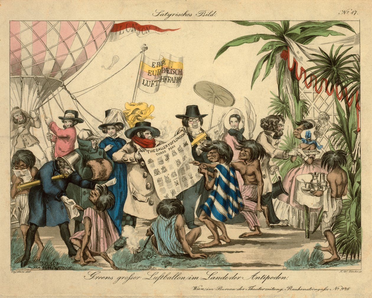 Globo aerostático de Green en las Antípodas, c.1840 (grabado coloreado a mano) de Johann Wenzel Zinke