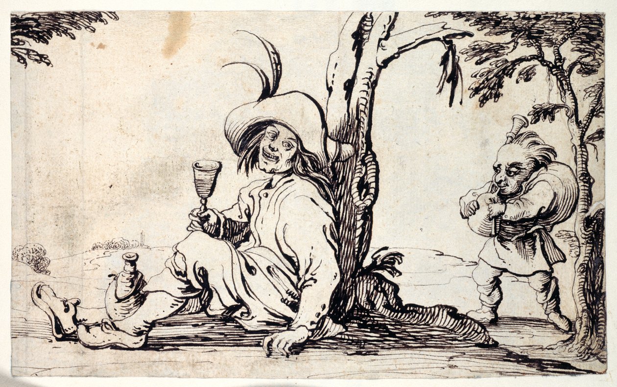 Campesino sentado refrescándose y un enano con gaitas de Johann Wilhelm Baur