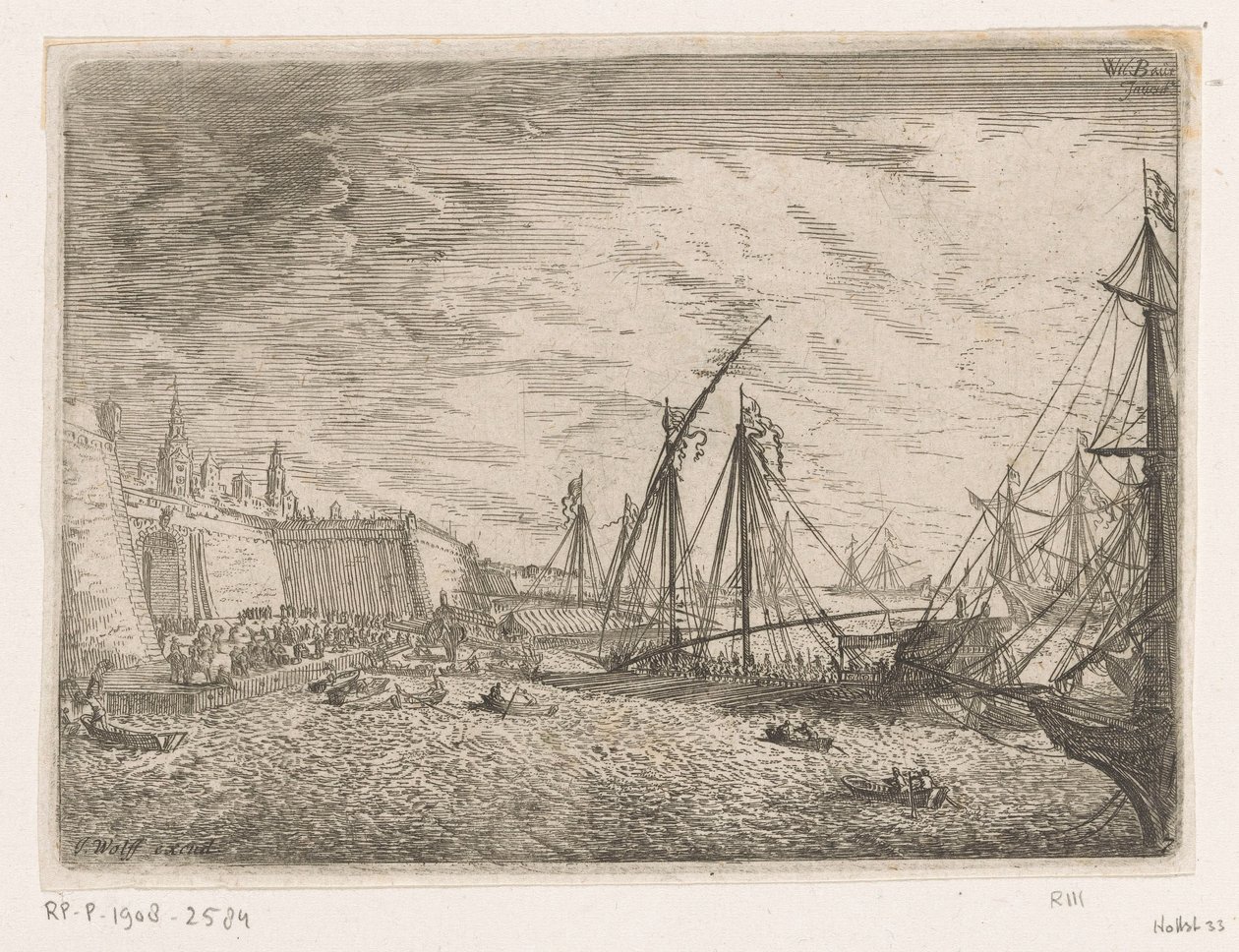 Vista del puerto con veleros y galeras frente a la muralla de la ciudad Vistas al puerto (título de la serie) de Johann Wilhelm Baur