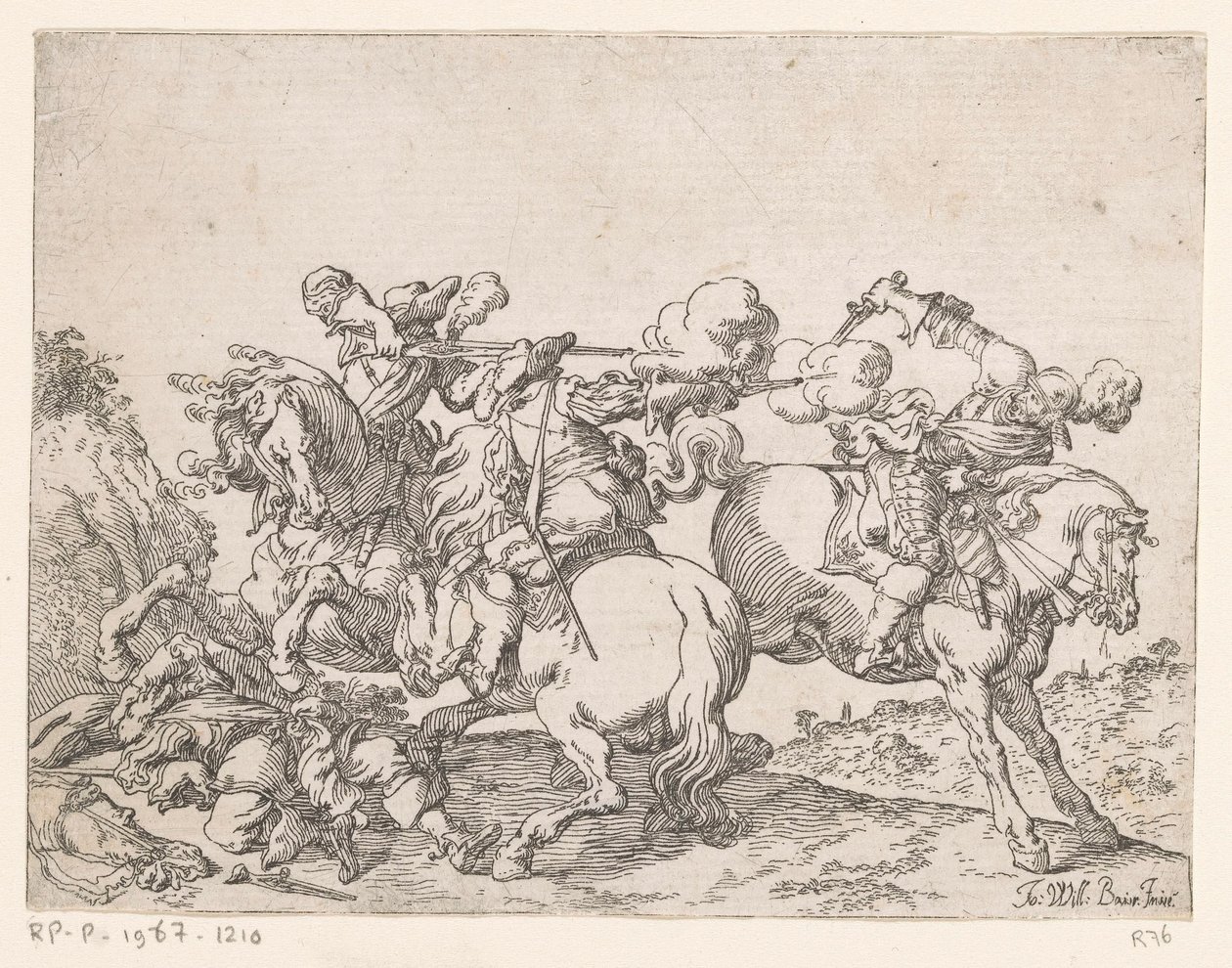 Dos mosqueteros a caballo disparan a un jinete Escenas de batalla (título de la serie) Capricci di varie battaglie (título de la serie) de Johann Wilhelm Baur