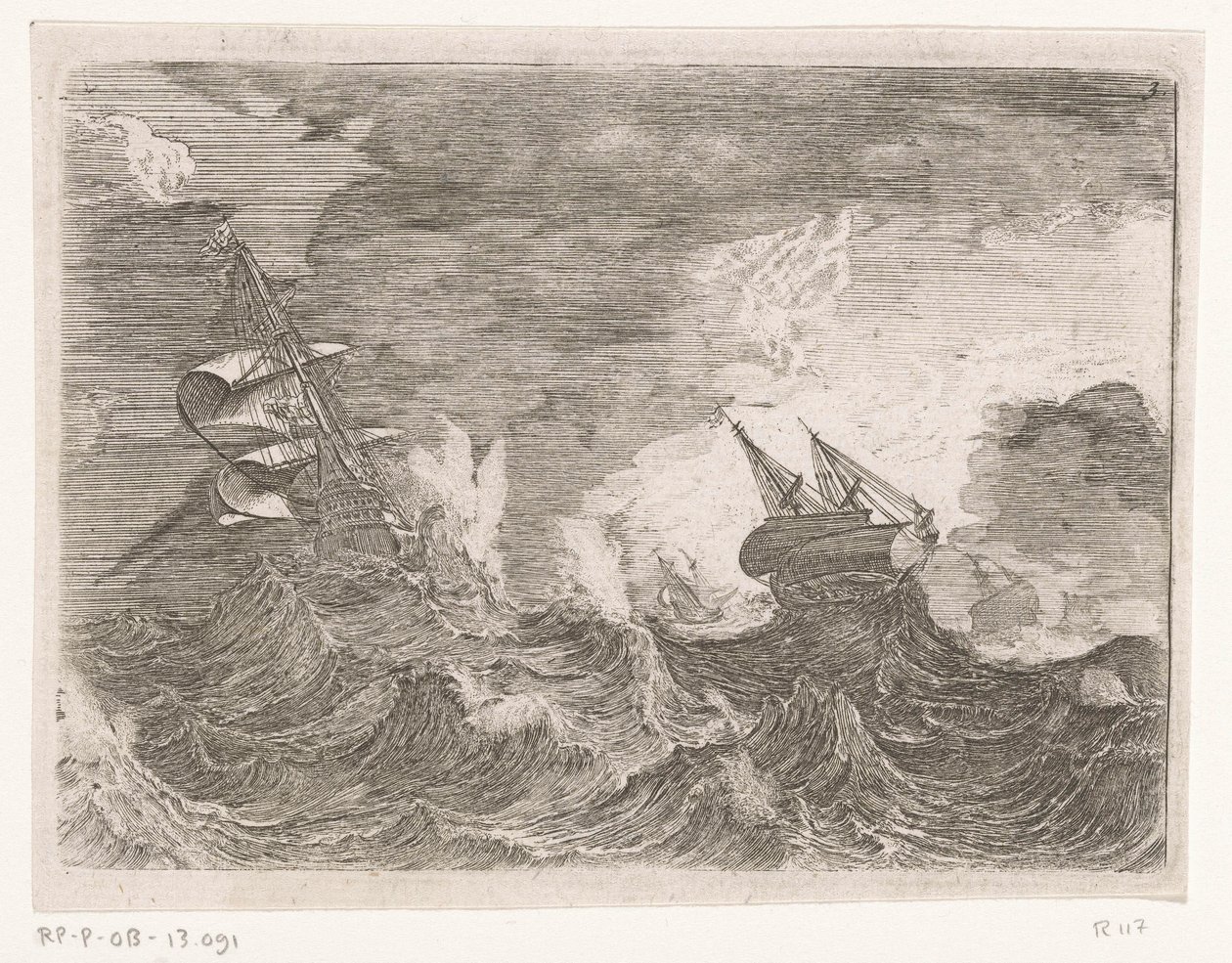 Cinco veleros en el mar durante una tormenta Barcos en tiempo tormentoso (título de la serie) de Johann Wilhelm Baur