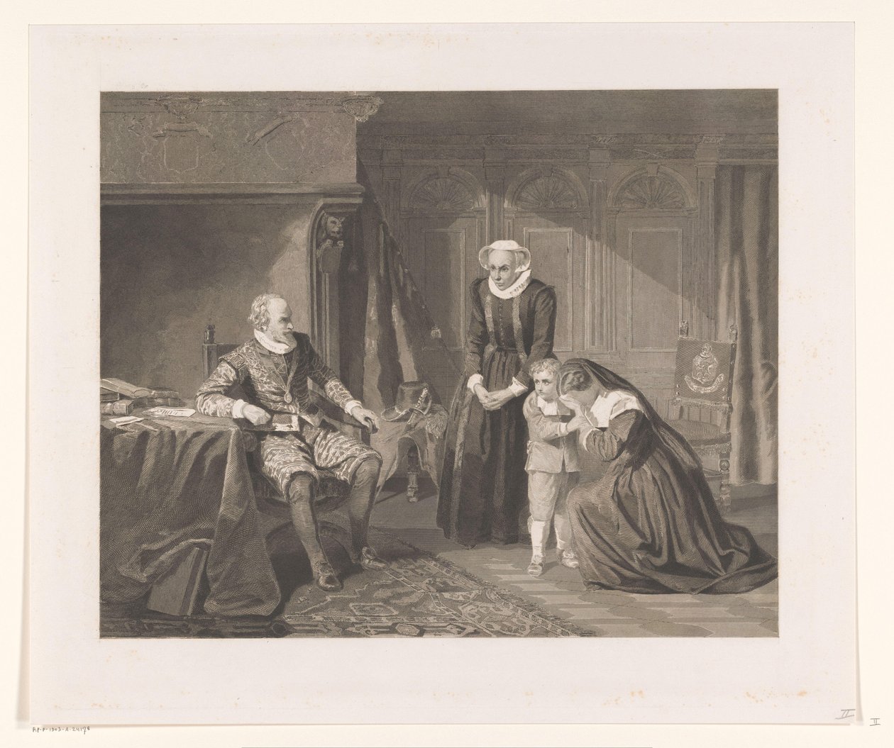 La madre, la esposa y el hijo de Reinier van Oldenbarnevelt suplican misericordia a Maurits, 1623 de Johann Wilhelm Kaiser (I)
