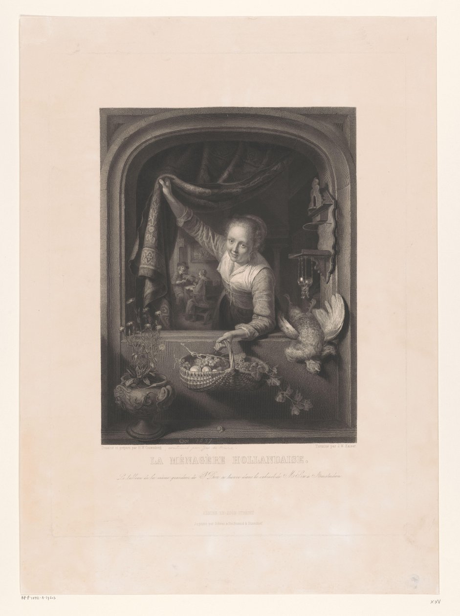 Mujer con canasta de frutas en la mano junto a la ventana La menagerè Hollandaise (título sobre objeto) de Johann Wilhelm Kaiser (I)