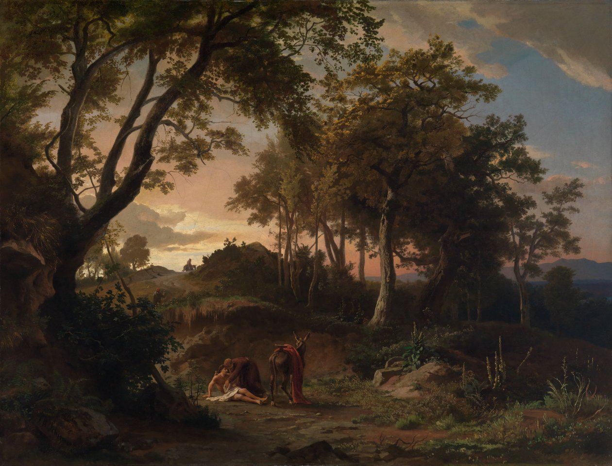 La tarde, el rescate del viajero herido por el buen samaritano de Johann Wilhelm Schirmer