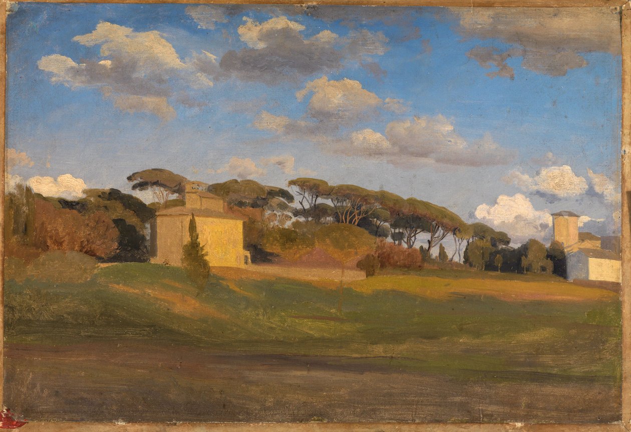 La «Casina di Raffaello» y una torre mirador en el parque de la Villa Borghese de Johann Wilhelm Schirmer
