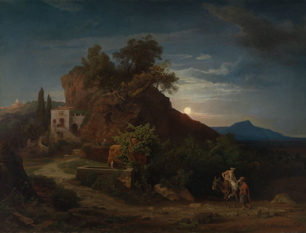 La noche, la llegada del samaritano con el herido a la posada de Johann Wilhelm Schirmer