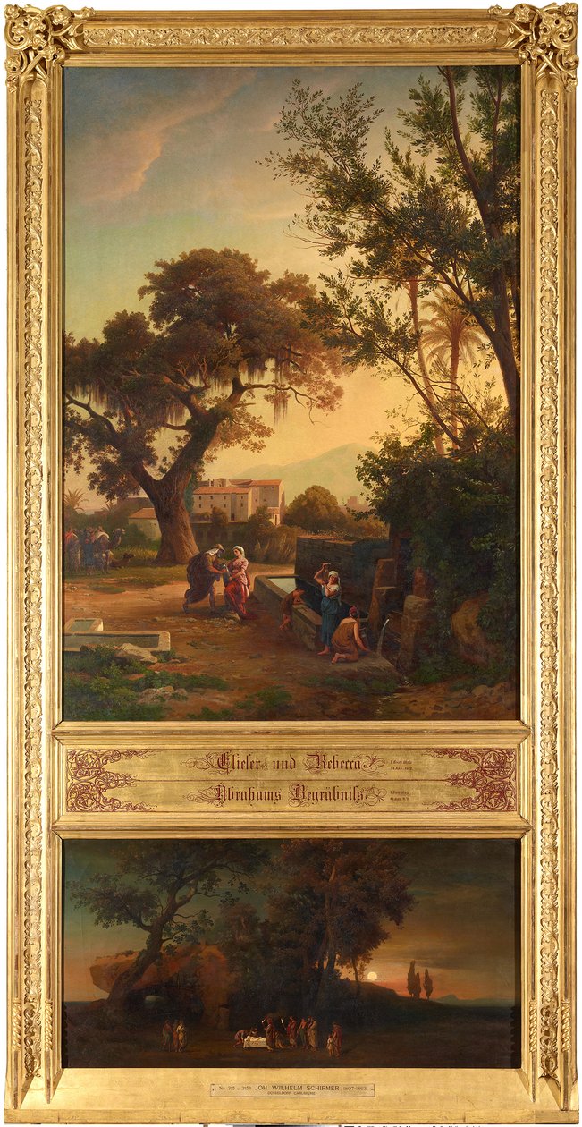 Eliezer y Rebeca junto al pozo (arriba). El entierro de Abraham (abajo). Del ciclo «Doce paisajes bíblicos con la historia de Abraham» de Johann Wilhelm Schirmer