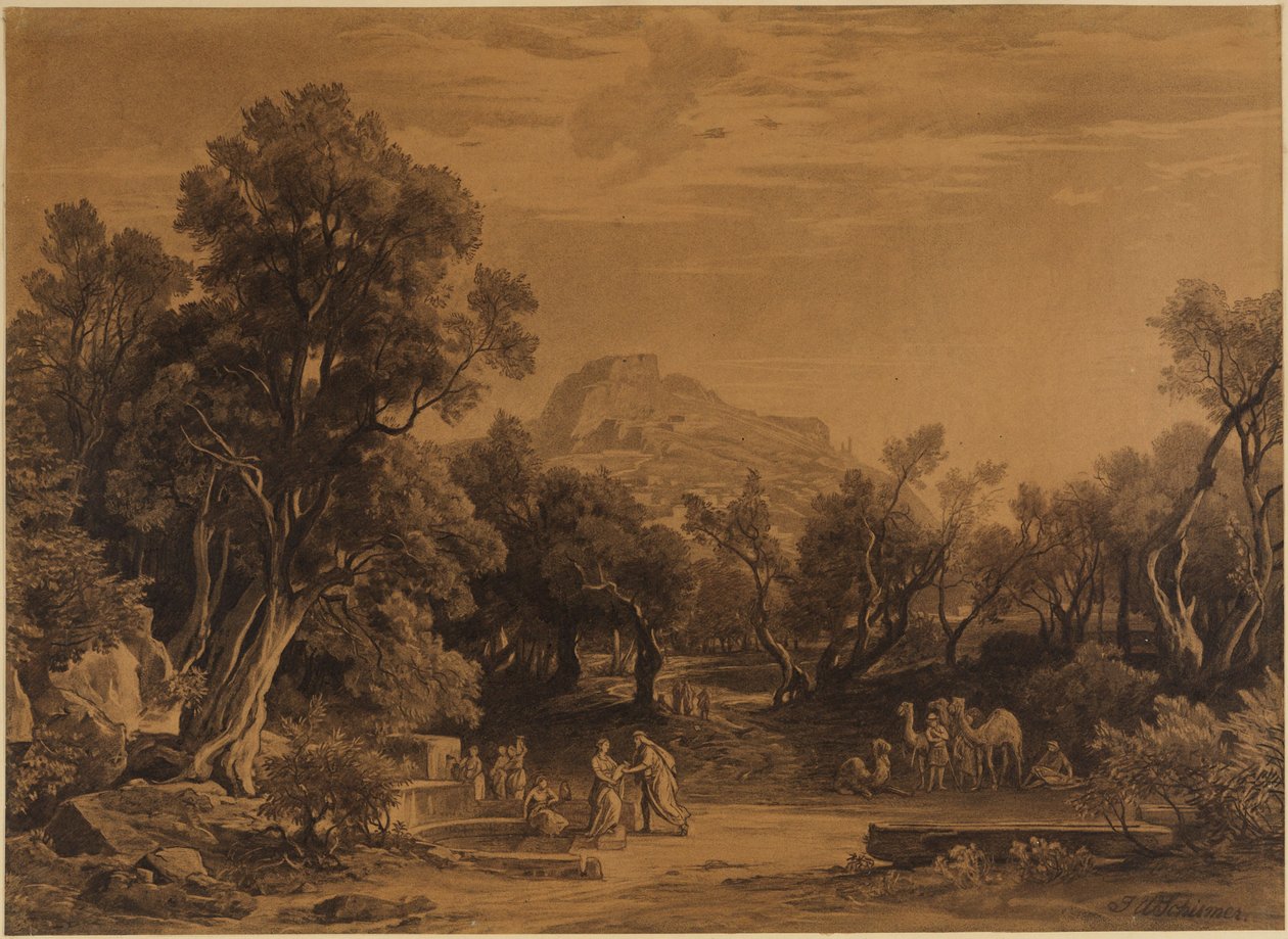 Eliezer y Rebeca en el pozo (Génesis 24, 17-18) de Johann Wilhelm Schirmer