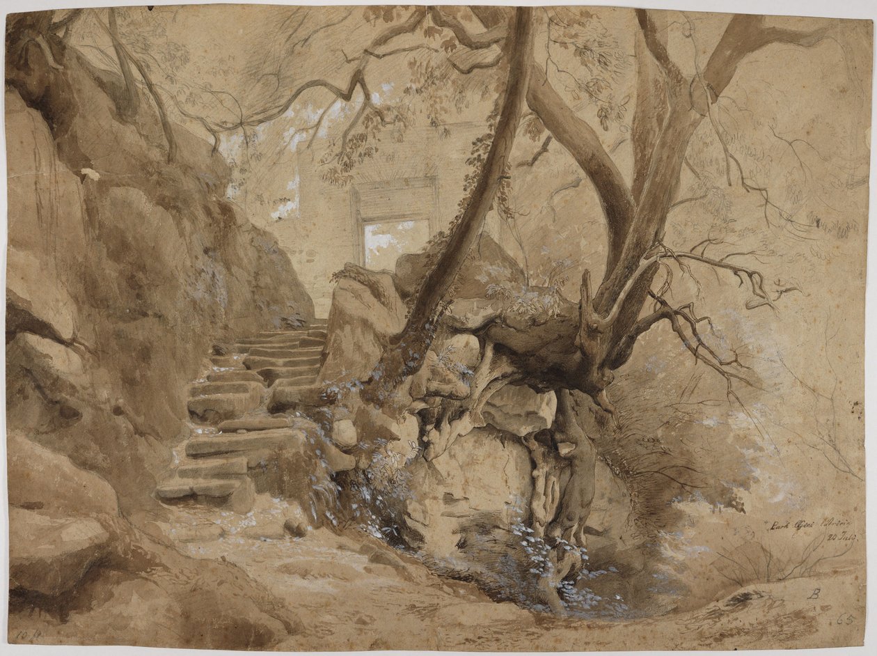 Escalera de piedra en el parque de la Villa Chigi, en Ariccia de Johann Wilhelm Schirmer