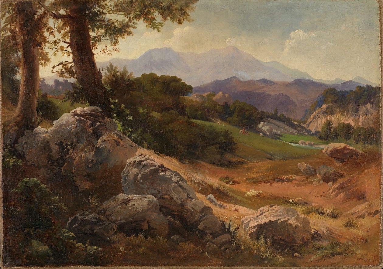 Paisaje montañoso con cabras de Johann Wilhelm Schirmer