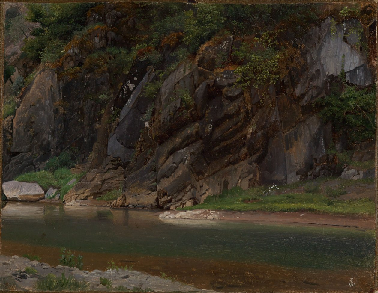 Río con orilla rocosa de Johann Wilhelm Schirmer