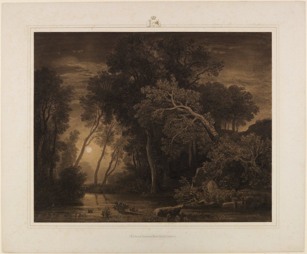 Paisaje fluvial con la luna naciente de Johann Wilhelm Schirmer